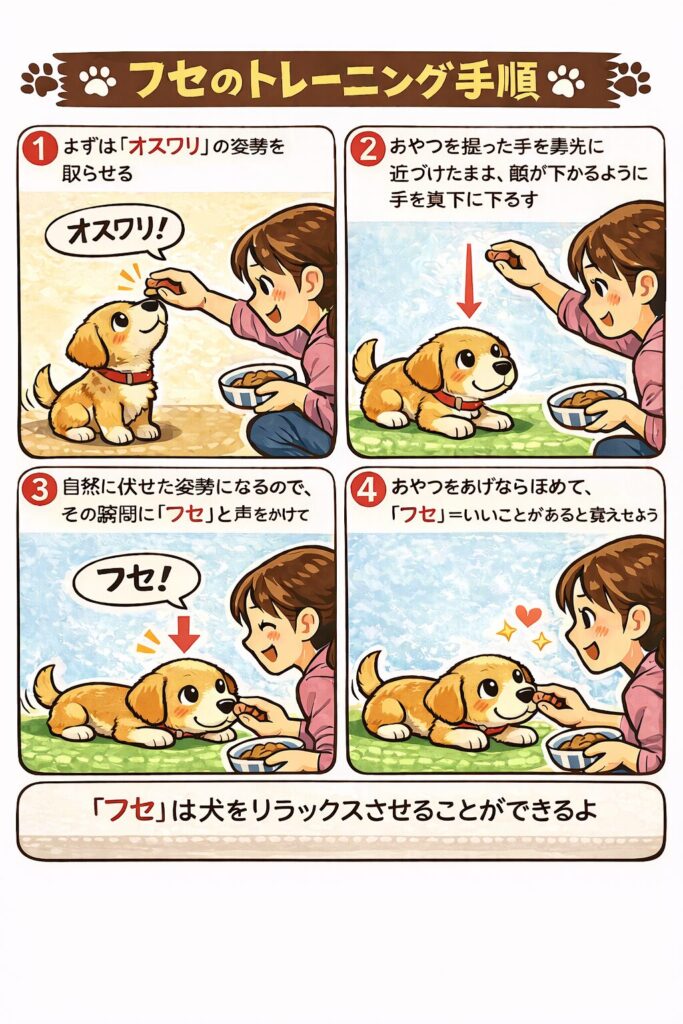 オスワリの姿勢からおやつを下に動かし、子犬にフセを覚えさせるトレーニングのイラスト。
