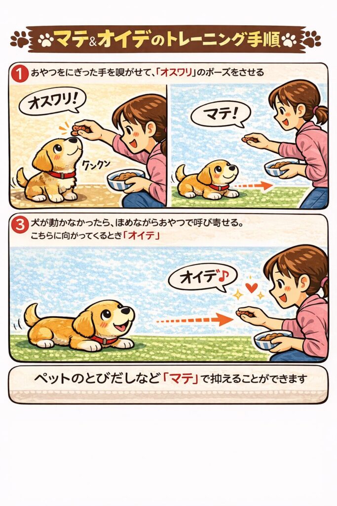 子犬にマテをさせたあと、オイデの合図で飼い主のもとへ呼び戻すトレーニングのイラスト。