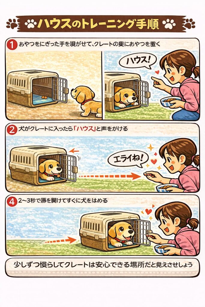 クレートの中におやつを置き、子犬にハウスを教えるトレーニング手順のイラスト。