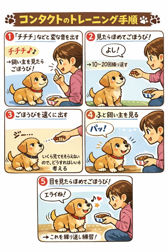 飼い主が子犬の名前を呼び、目が合ったタイミングでごほうびを与えるコンタクトトレーニングのイラスト。
