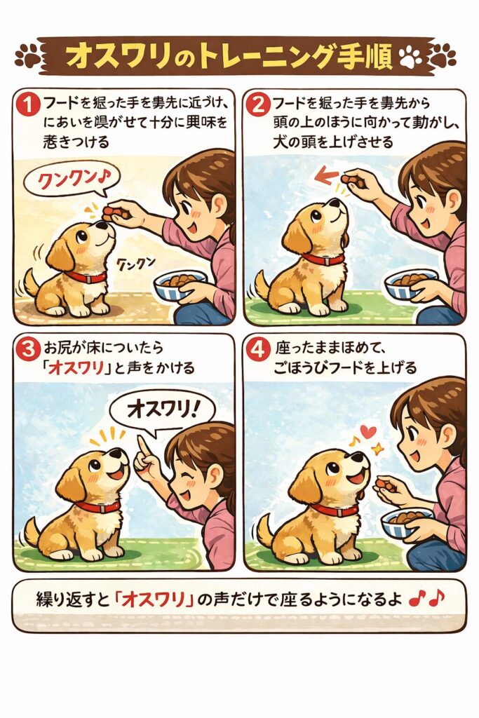 おやつを使って子犬にオスワリを教えるトレーニング手順を示したイラスト。