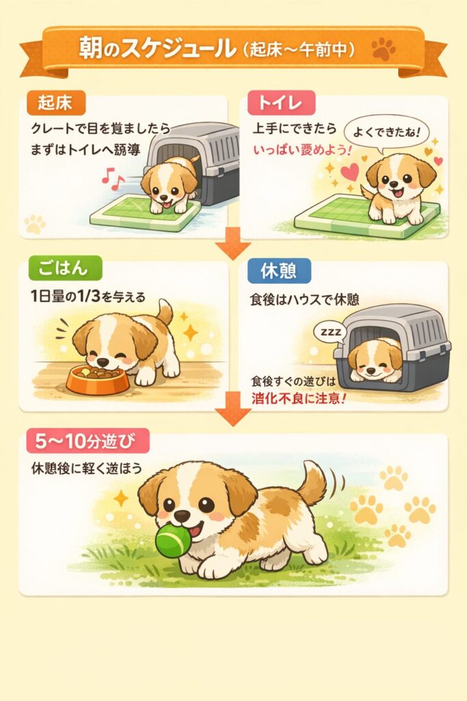 子犬2〜3ヶ月の朝の過ごし方を図解。起床後にトイレ、成功したら褒める。ごはんは1日量の1/3、食後は休憩してから5〜10分遊ぶ。