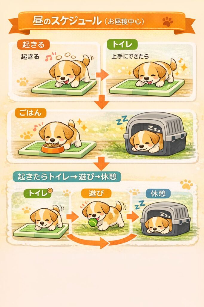 2〜3ヶ月の子犬の昼間の過ごし方を図解。起きる→トイレ→ご飯→休憩、起きたらトイレ→遊び→休憩の繰り返しを示したスケジュール例。