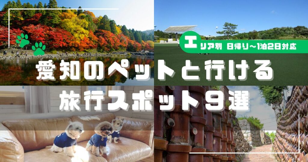 愛知でペットと行ける旅行スポット9選のアイキャッチ画像。香嵐渓の紅葉・芝生広場・犬2匹・常滑やきもの散歩道の写真4枚と、エリア別・日帰り〜1泊2日対応のテキストを掲載。